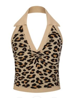 OXKNIT Leopard Halter Knit Vest Top
